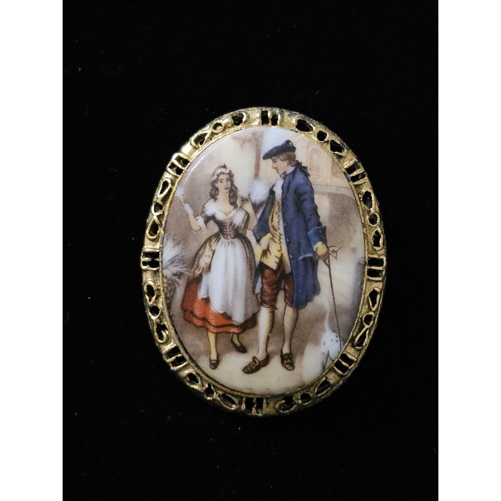 Vintage Edwardian Victorian Aristocrat Man Courting Couple Woman Scene Brooch